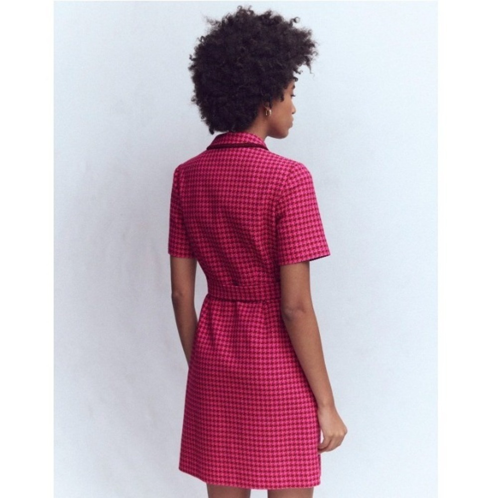 Boden Pink Houndstooth Tweed Mini Dress Short Sleeve Button Front Belted | 12L - Picture 5 of 6